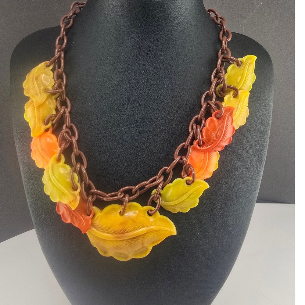 Vintage Estate Leaf Necklace Orange Yellow Brown Plastic Fall Statement 15in